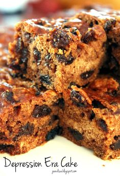 several pieces of chocolate chip cake stacked on top of each other