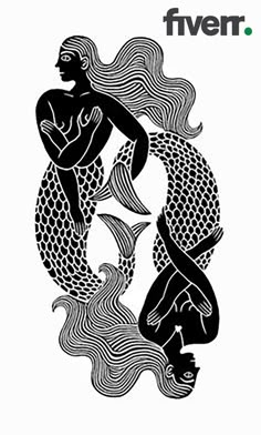 a black and white drawing of two mermaids