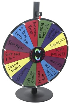 a spinning wheel with words on it and numbers in different colors, sizes and shapes