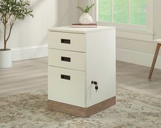 a white filing cabinet sitting on top of a wooden floor next to a potted plant