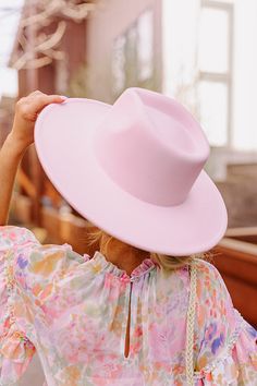 Hat Dimensions: Length-15.5 inches Width-14.5 inches Height- 4.5 inches Cranial Circumference- 24 inches Brim Width- 3.5 inches Felt Fedora, Sunny Days, Fedora, Light Pink, Felt, Pink