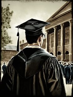 a man wearing a graduation cap and gown in front of an old building with people walking around