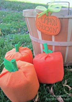 two pumpkins sitting in the grass next to a basket with a sign on it