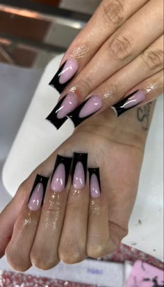 Pink Acrylic Black French Tip, Black French Tip With Pink Base, Black Acrylic Nails Coffin Y2k, Black French Tip Nails Cross Charms, Black And Pink Tapered Square Nails, Pink And Black Junk Nails, Bedazzled Nails