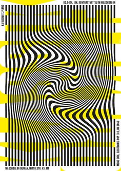 an abstract poster with black and yellow stripes on it, in the shape of a spiral