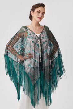 The fringe of the shawl swaying and glittering, large-scale sequins, every frame when walking is a shining moment, luxurious but understated. Features: High quality crystal and imitation pearl Adjustable ribbon band Detachable clip Exquisite head chain design Elegant Fringe Shawl Scarf, Elegant One-size Shawl With Fringe, Luxury Bohemian Fringe Shawl, Black One Size Fringe Shawl, Blue Bohemian Shawl With Fringe, Flapper Outfit, 1920s Headpiece, Fringe Shawl, 1920s Outfits