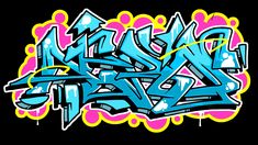 the word graffiti written in blue and pink on a black background with yellow, purple, and