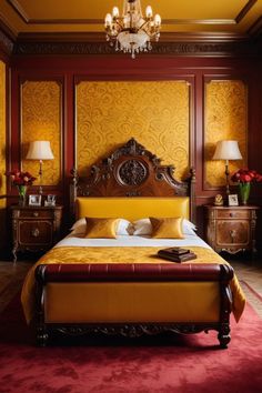 a bedroom with yellow walls, red carpet and chandelier hanging from the ceiling