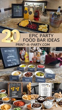 a table full of food and drinks with the words 20 epic party food bar ideas