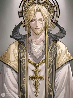 a man with blonde hair wearing a golden crown and holding a cross in his hand