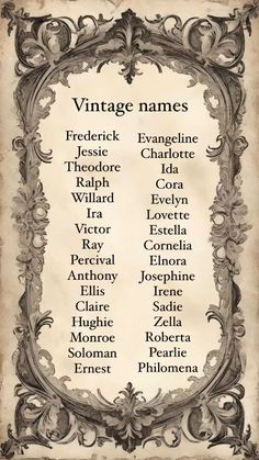 A list of vintage names masculine names and feminine names   #names #namelist #vintagenames #nameaesthetic #list Cool Female Names, Female Oc Names, Gothic Names Female, British Last Names, Fancy Last Names, Female Names For Characters, Rich Names, Old Money Last Names, 1920s Names