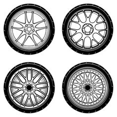 four different types of wheels on white background