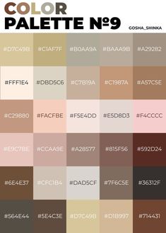 the color palette is shown in shades of brown, pink, and beige with white letters