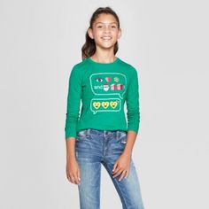 Cat & Jack Green Girls Long Sleeve Christmas Emojis Graphic T-Shirt New With Tags Christmas Emojis, Green Emoji, Jack Green, Halloween Long Sleeve, Grey Long Sleeve Shirt, White Long Sleeve Top, Green Girl, Girls Wardrobe, Boys Long Sleeve