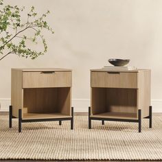 two wooden side tables sitting on top of a rug