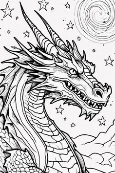 a black and white drawing of a dragon with stars on it's back ground