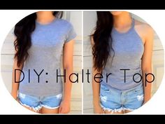 two pictures of a woman with long hair wearing shorts and a t - shirt that says diy halter top