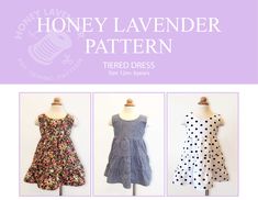 three dresses on mannequins with the words honey lavender pattern written below them