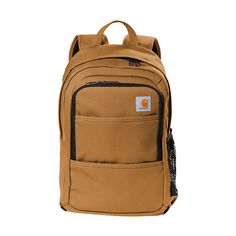 a brown backpack with black straps on the front and side pockets, sitting against a white background