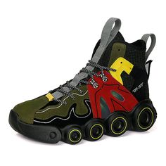 a pair of roller skates with colorful shoes on them