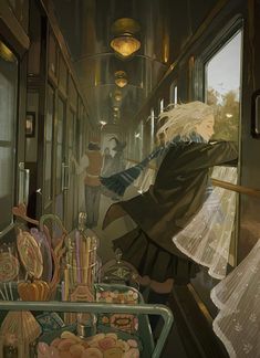 an anime scene with a woman looking out the window