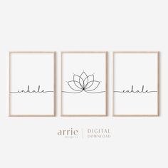 three framed art prints with the word'inhale'and an image of a lotus flower