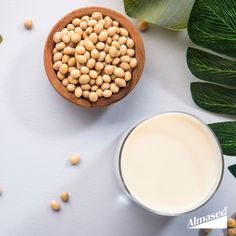 a wooden bowl filled with chickpeas next to a glass of milk and leaves