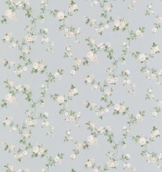 a wallpaper with white flowers and green leaves on a light blue background that is very soft