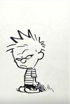 a black and white drawing of a cartoon character sitting on the ground with his eyes closed