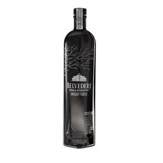 an empty bottle of belvedder's black label vodka on a white background