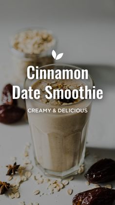 cinnamon date smoothie in a glass with oats and raisins on the side