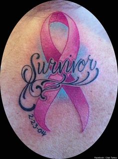 a pink ribbon on the back of a woman's head that says survivor and hope