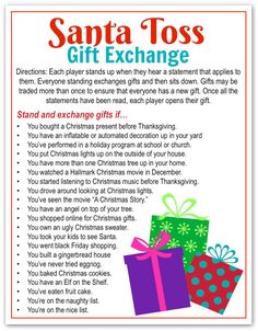 the santa tos gift exchange flyer is shown in red and green with presents on it