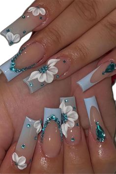 #ad #CommissionsEarned  --  BABALAL Blue Press on Nails Long Square Fake Nails French Tip Glue ons Nails 3d Flower Design Acrylic Nails 24Pcs Bling Rhinestone Full Cover False Nails Matching Nails, 3d Nail Designs, Nagellack Trends, Girly Acrylic Nails, Blue French, Blue Nail Designs, Blue Nail, Unique Acrylic Nails, Long Square Acrylic Nails