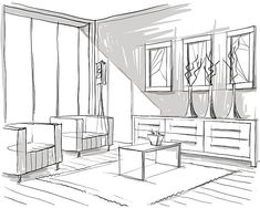 a drawing of a living room with furniture