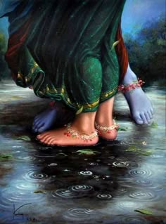 a painting of a woman's feet in the water with her hand on her hip