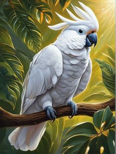 a painting of a white parrot perched on a branch in front of green leaves and sunbursts