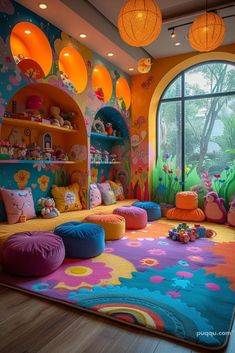 the children's playroom is decorated in bright colors