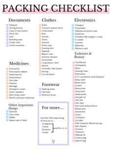 the packing checklist is shown in pink and blue