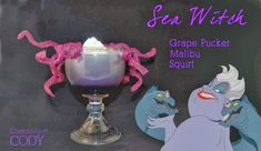 an image of a glass with liquid in it and the words sea witch next to it