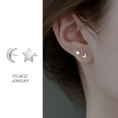 925 Sterling Silver Cute Tiny Moon Star Asymmetric Stud Earrings Women Jewelry | eBay Star Cartilage Earring, Stainless Steel Earrings Studs, Cute Piercings, Moon Studs, Daily Jewelry, Star Earrings Stud, Ear Stud, Silver Moon, Moon Star