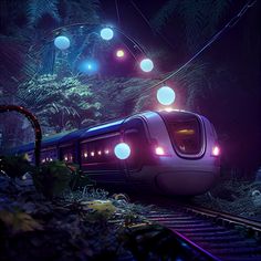 a train traveling through a lush green forest under bright blue and white lights at night