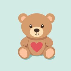 a brown teddy bear with a red heart on it's chest, sitting in front of a blue background