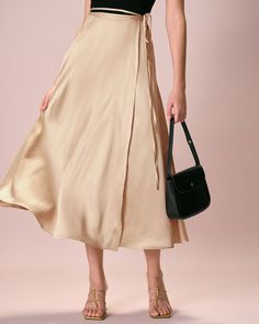 The Khaki Satin Lace-Up Wrap Midi Skirt & Reviews - Khaki - Bottoms | RIHOAS Unique Skirts Design, Maxi Satin Skirt, Wrap Around Skirts, Skirts Design, Satin Wrap Skirt, Wardrobe Revamp, Satin Skirts, Skirt Satin, Wrap Midi Skirt