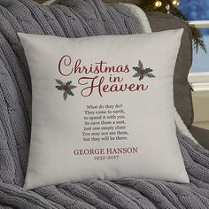 a christmas pillow with the words, christmas in heaven