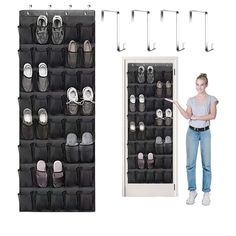 a woman standing next to an over the door shoe rack