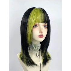 Y2K Black Green Straight Wig, Fluorescent Green Clavicular Length Straight Wig With Bangs, Girl Cool Short Wig, Cosplay Green Wig. -Color: black and green -Texture:  clavicular length -Material: high temperature silk -Place of Origin: CN (Place of Origin) -Quantity: 1pc wig -Features: lightweight and matte. -Structure: breathable inner net,the product cannot be hot dyed ❀Delivery time: The order will be shipped within 1-3 working days after receiving the electronic express settlement payment. ❀After-sales service: If the received goods have quality problems, please contact me within 24 hours of receiving the products, and I will   provide you with the best solution. ❀Happy shipping! Brown Hair With Pop Of Color, Green With Black Hair, Half Dyed Bangs, Green And Brown Hair, Black Green Hair, Skunk Stripe Curly Hair, Green Dyed Hair, Green Black Hair, Green And Black Hair