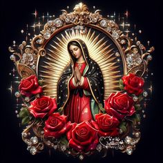 the virgin mary with red roses is surrounded by jewels