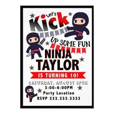 an image of a ninja birthday party with the text, let's kick on some fun