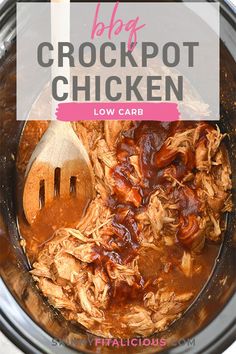 crockpot chicken in a slow cooker with text overlay reading how to cook crockpot chicken low carb